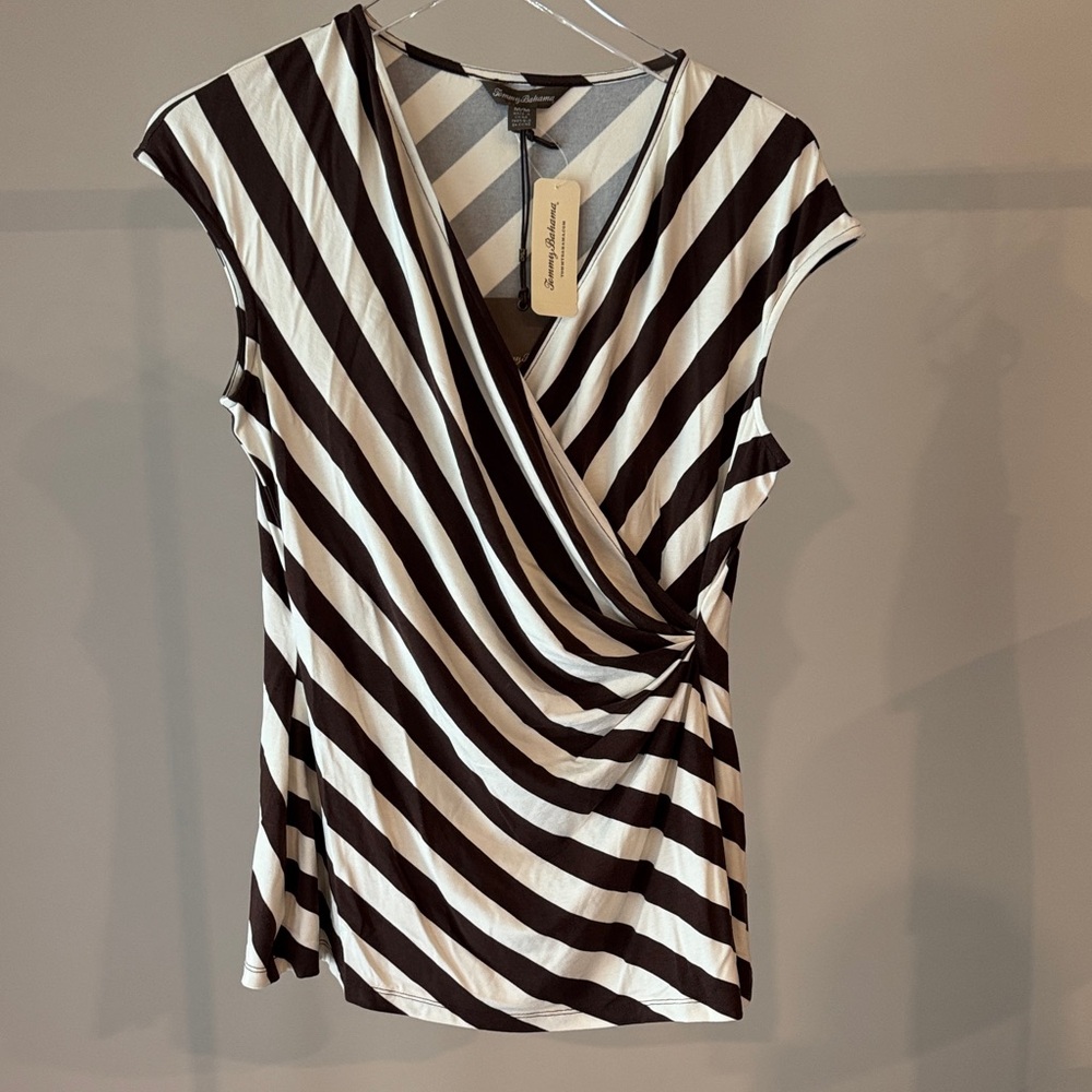 Tommy Bahama Dark Brown and Cream Diagonal Striped Blouse.  Size Medium